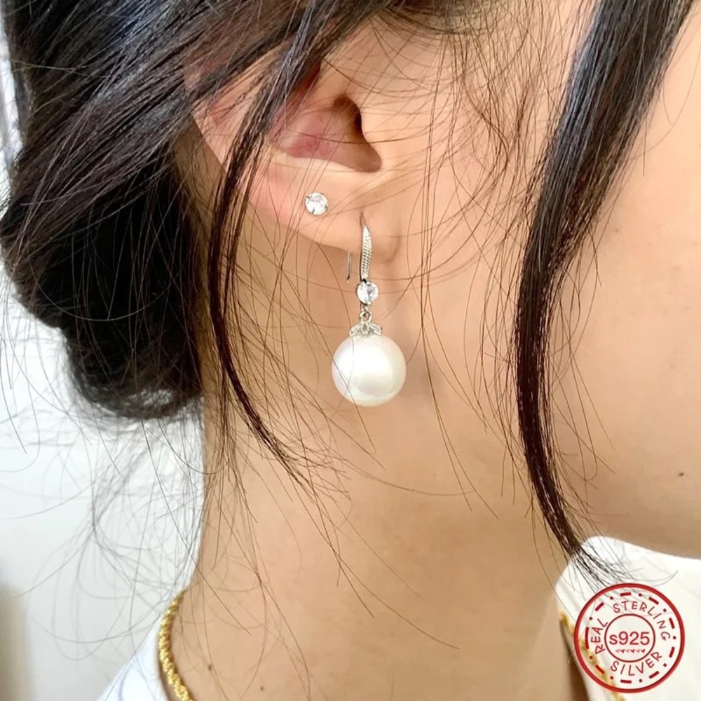 Graceful 925 Sterling Silver Long Pearl CZ Dangle Earrings For Women